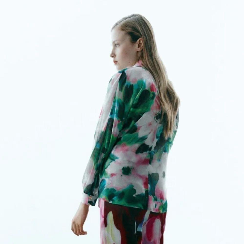 SOLD Zara Flowing Green Pink Floral Sheer Long Sleeve Blouse Small - Picture 3 of 16